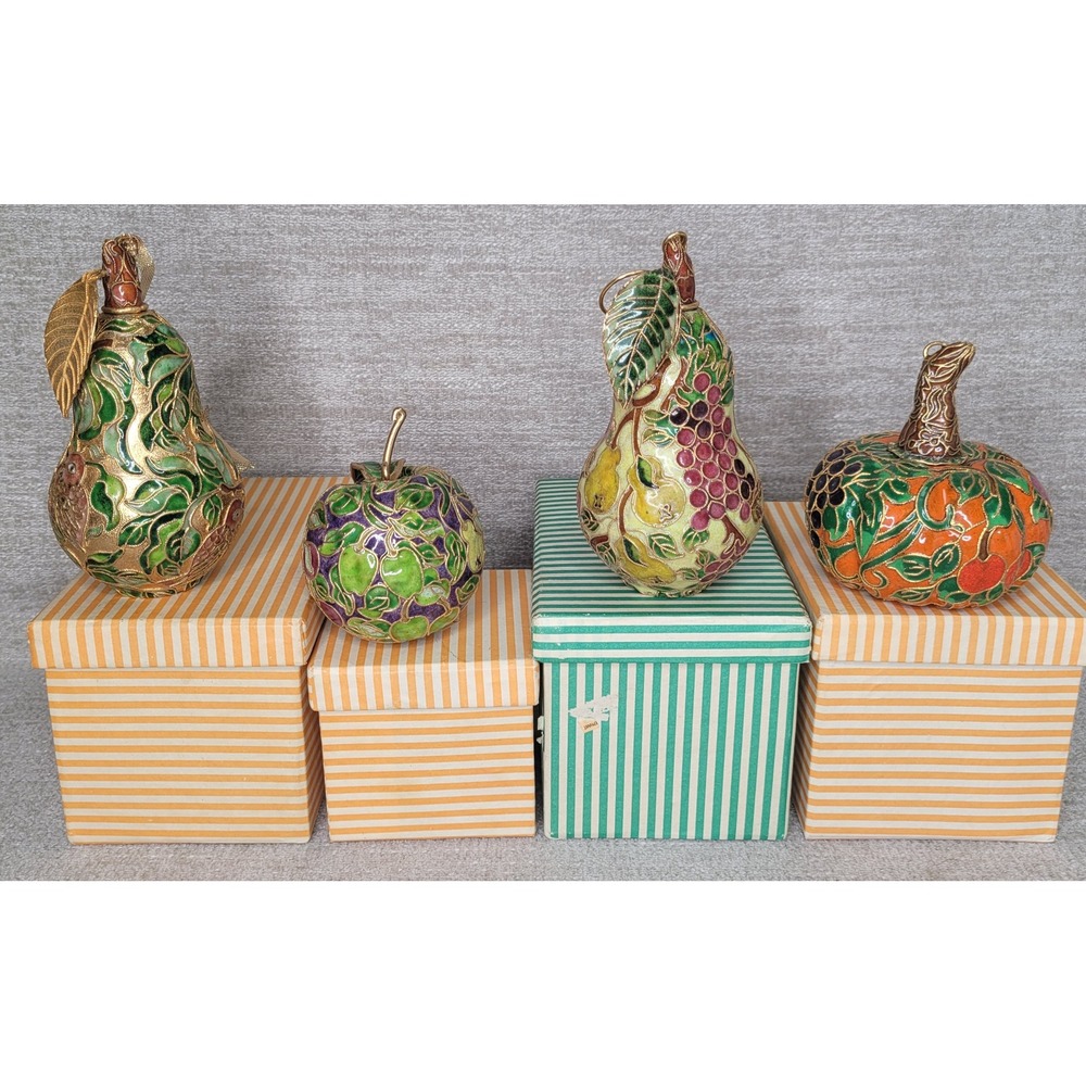 Vintage NYCO Cloisonne Enamel Fruit Christmas Ornament Set 4 Pear Pumpkin